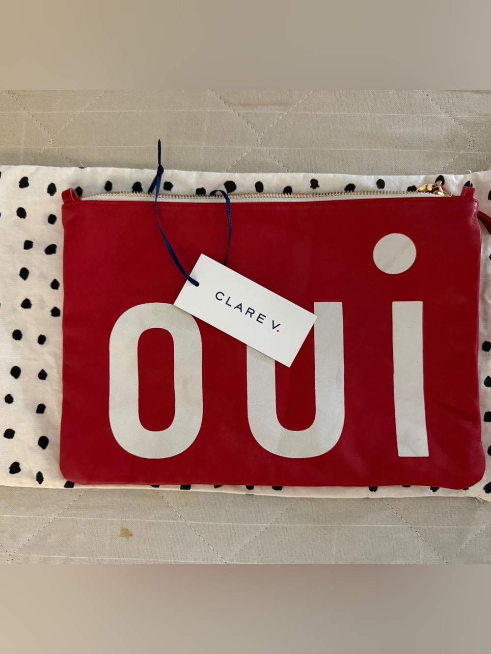Clare V. Red OUI Leather Zip Pouch with Gold Hardware